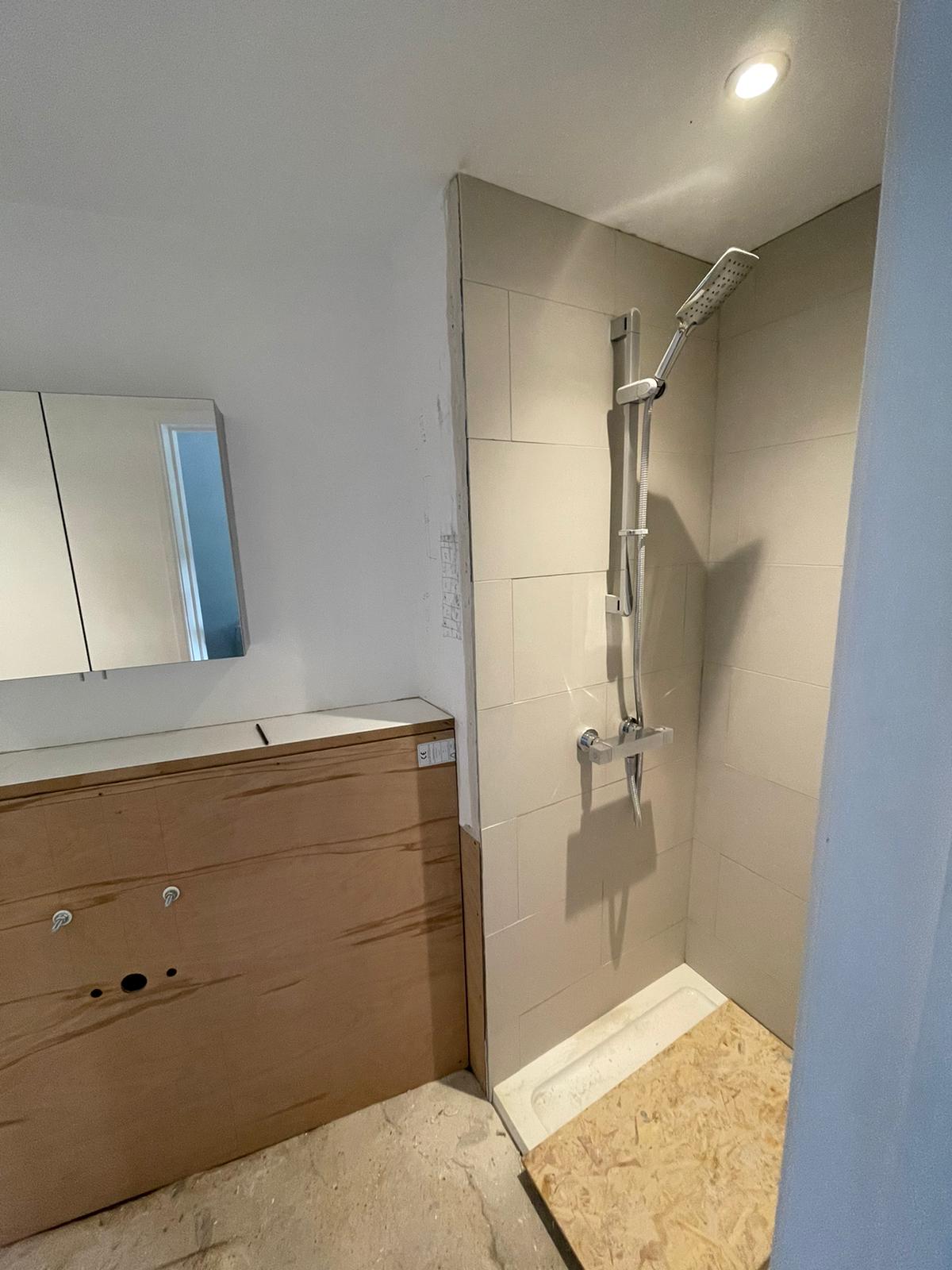 en-suite WIP Modern bathroom corner with a shower, grey tiles, and wooden bulkhead