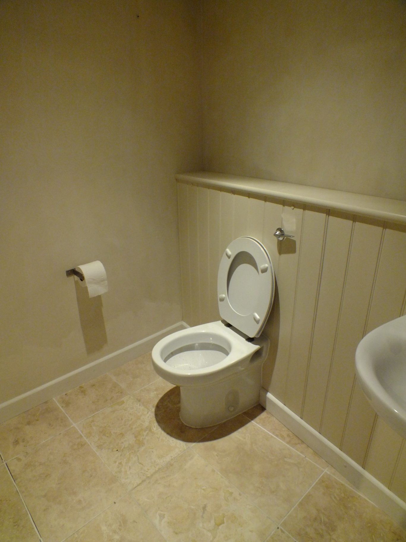 Original toilet Clean bathroom featuring a toilet and a single roll of toilet paper on the wall.